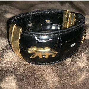 Panther Black Leather Wide Cuff Bracelet: